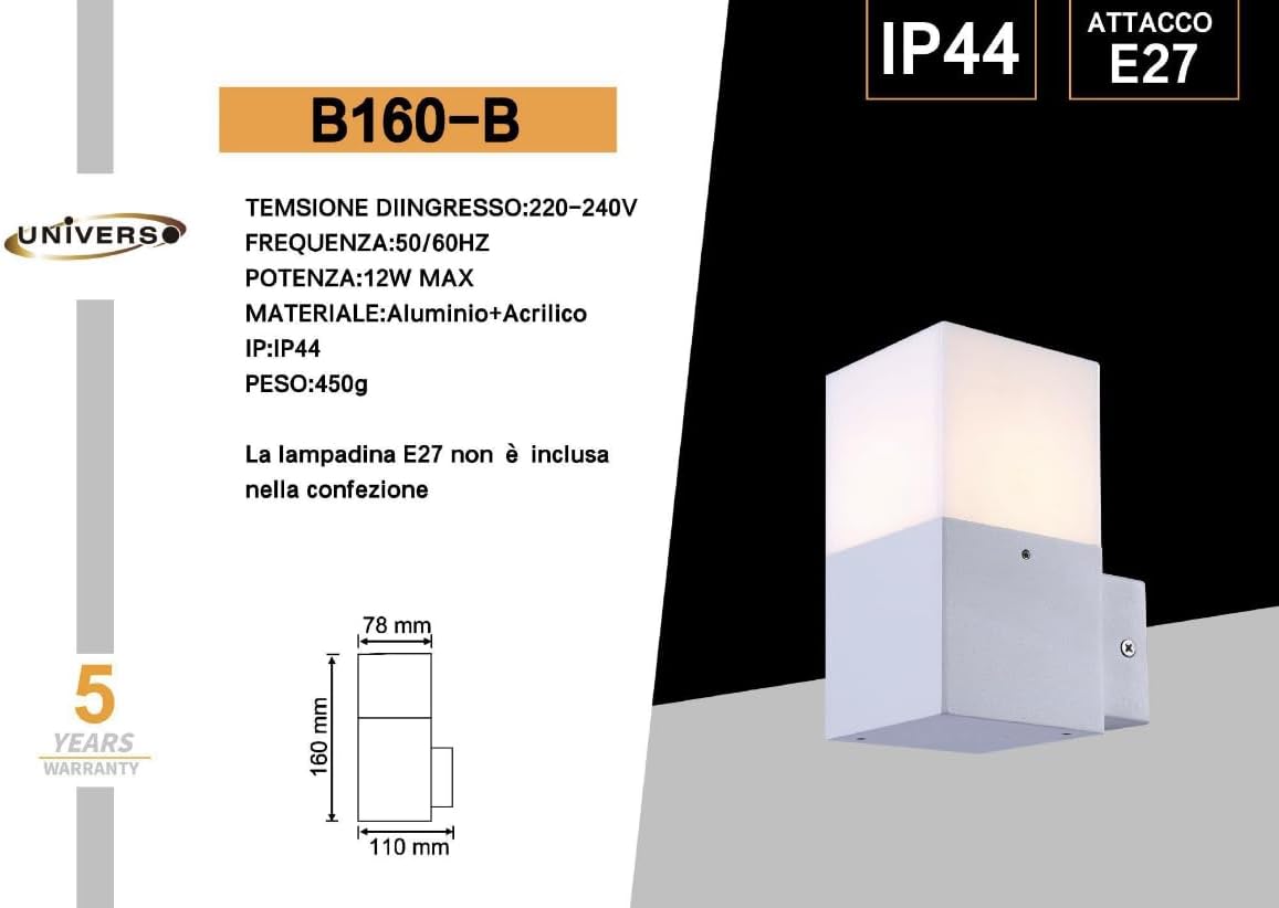 Applique da Esterno E27 IP44, Lampada da Parete Moderna in Alluminio e Acrilico, Attacco E27 (Lampadina non inclusa), Colore Bianco o Nero, per Facciata, Balcone e Giardino B160