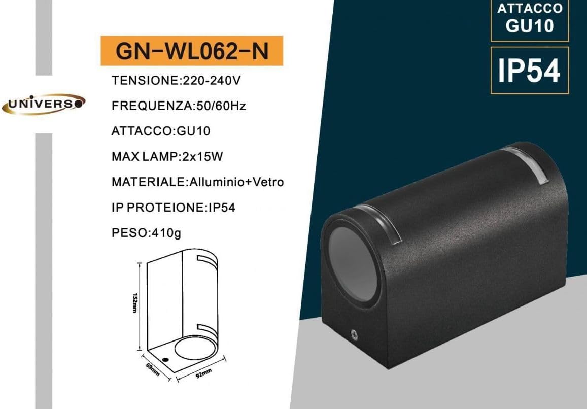 Applique da Esterno Doppia GU10 IP54 – Lampada da Parete Moderna in Alluminio per Esterno e Interno, 2xGU10 Sostituibili, Senza Lampadine, Design Cilindrico GN-WL062