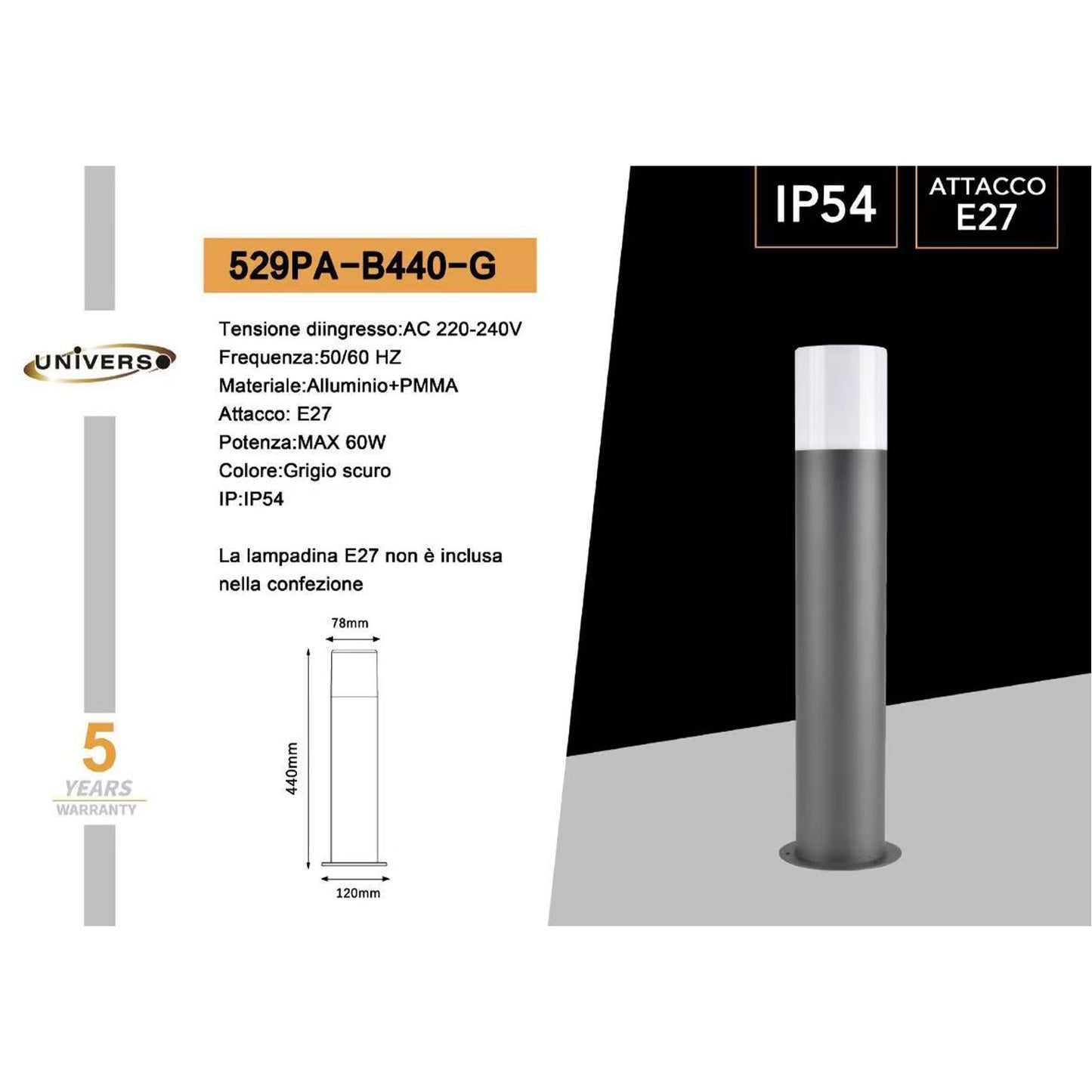 Lampione da Giardino IP54 E27 | Paletto Luminoso da Esterno in Alluminio | Per Vialetti, Cortile e Terrazzo | Max 60W | Modello 529PA-B440