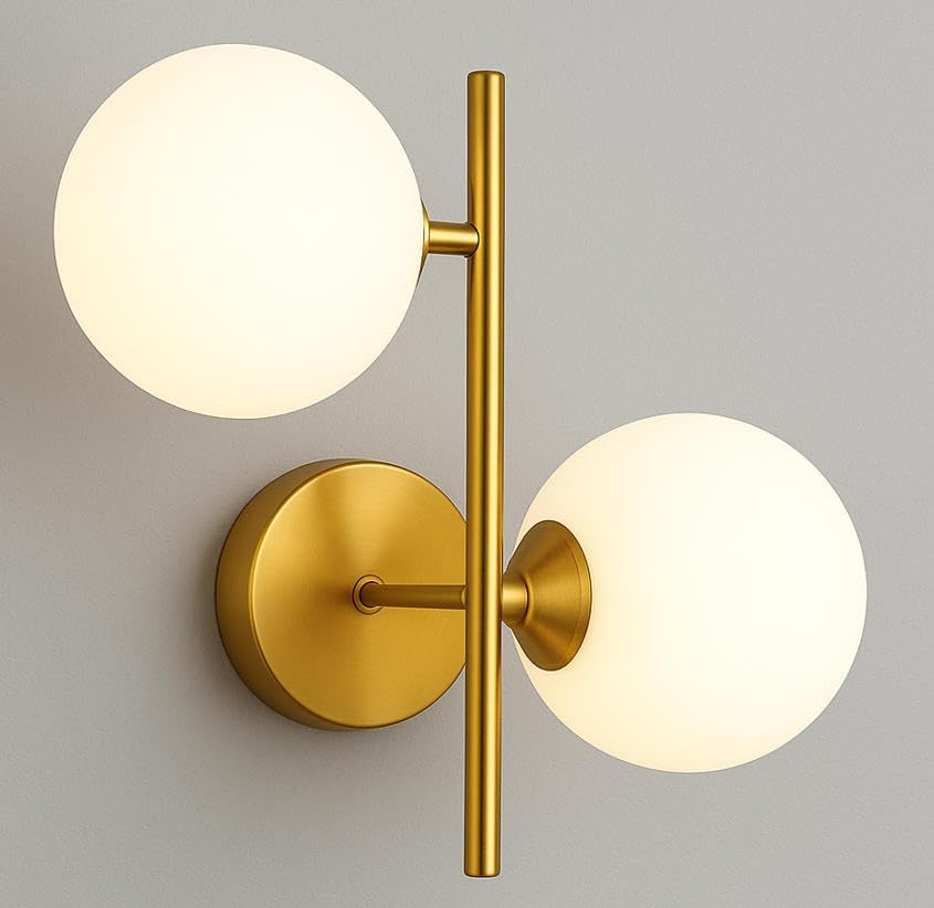 Applique Moderna da Parete in Ottone con 2 Sfere in Vetro, Attacco G9, Design Minimal, Lampada da Parete per Camera da Letto, Soggiorno, Corridoio – IP20 – Senza Lampadina AQ42