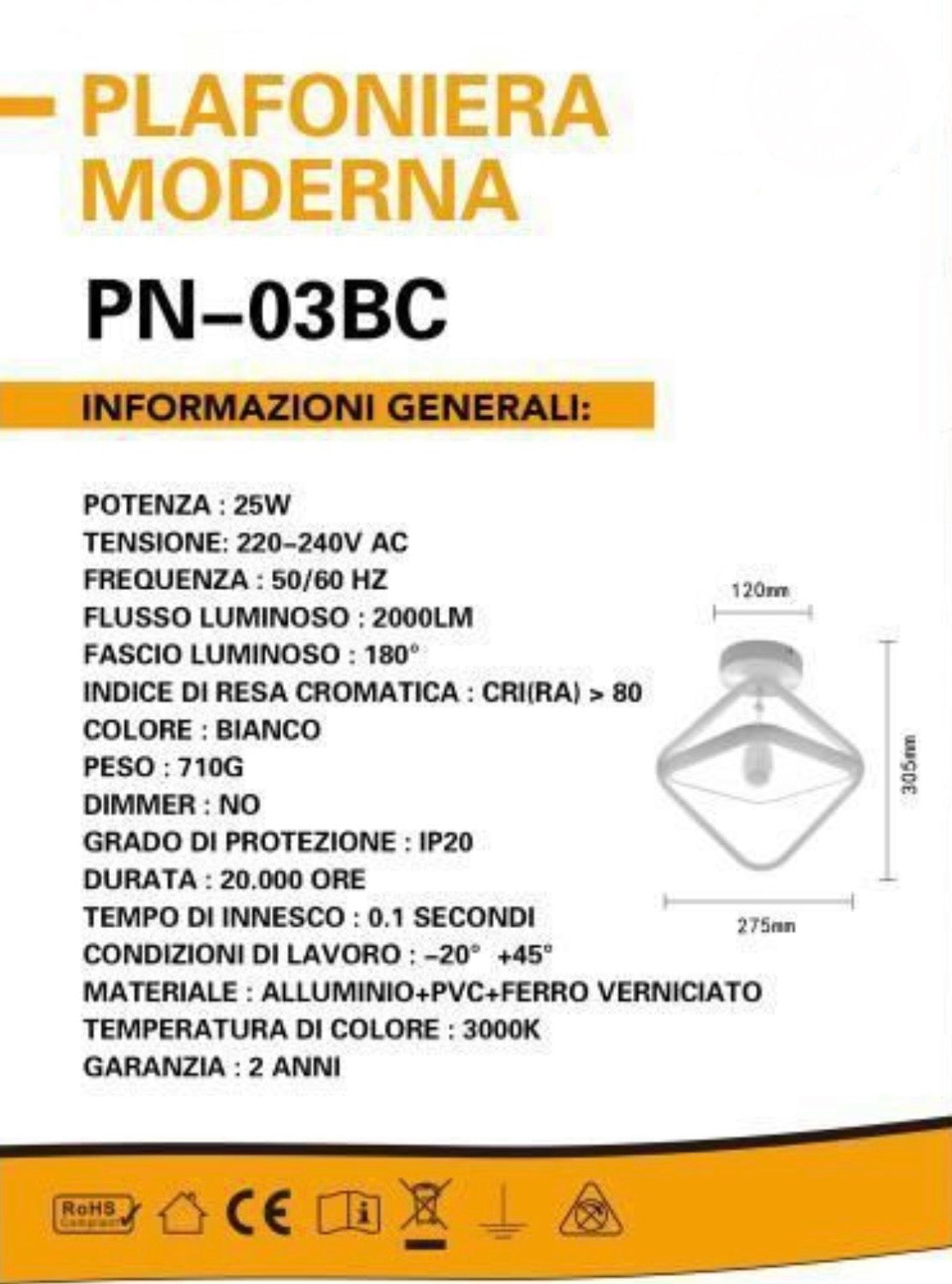 TEKHOME Lampadario led moderno 25 watt forma rombo plafoniera lampada da soffitto luce 3000K/4000K/ 6500K 2000Lm PN-03
