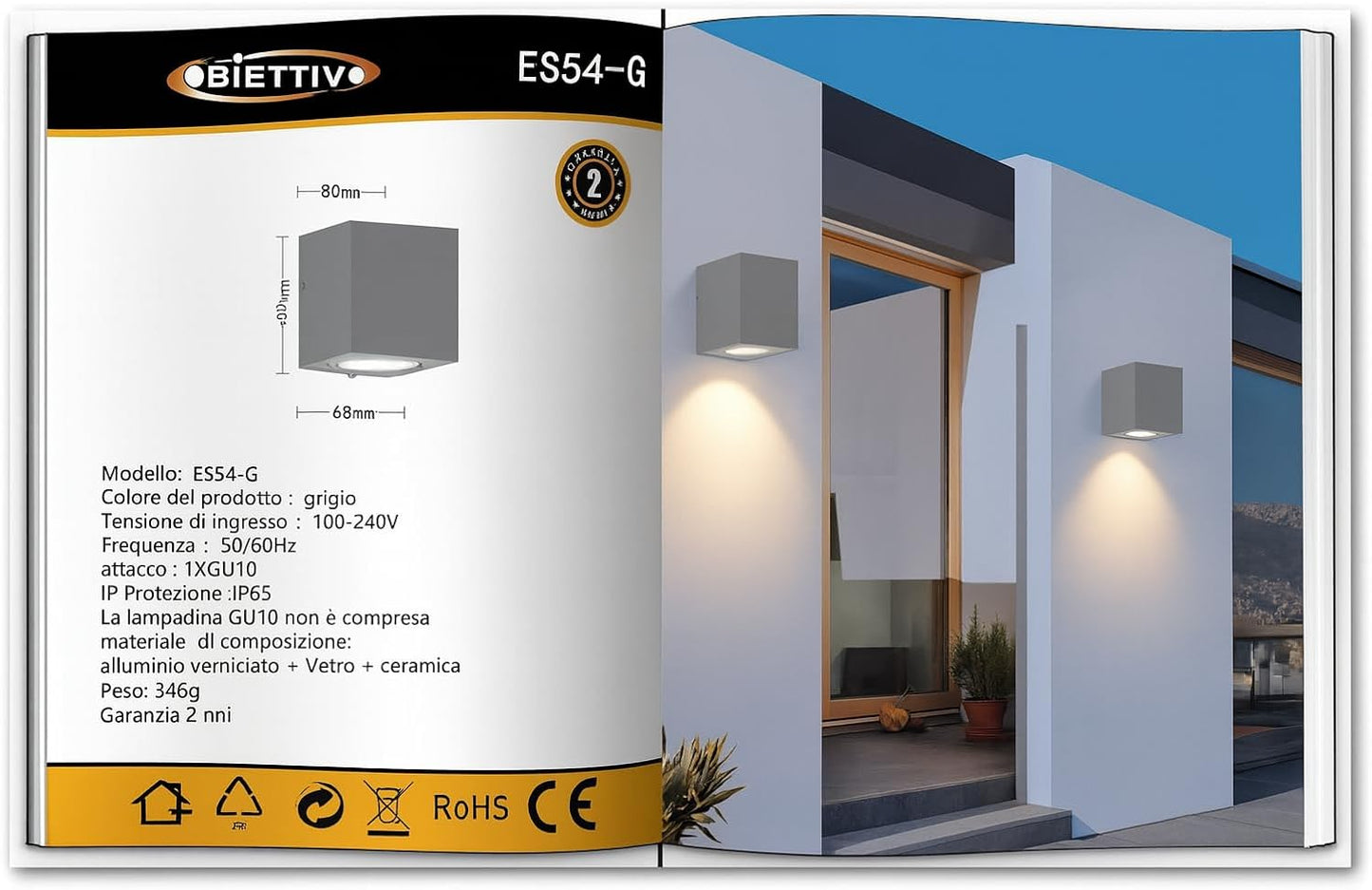 Applique da Esterno 1xGU10 IP65 – Lampada da Parete Impermeabile in Alluminio Verniciato, Design Moderno Quadrato, Senza Lampadina, per Giardino e Facciata ES54