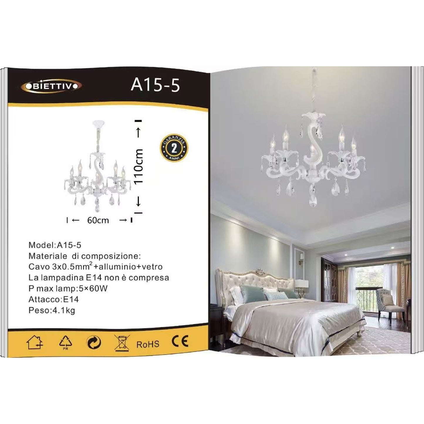 Lampadario a Sospensione Classico in Vetro e Metallo, 5 Luci E14, Stile Elegante per Soggiorno e Camera da Letto, Colori Bianco o Nero – A15-5