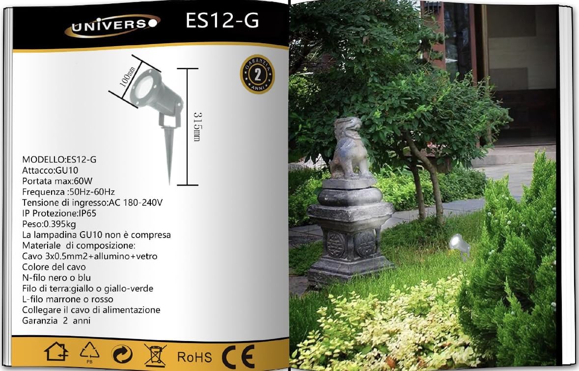 Faretto da Giardino con Picchetto GU10 IP65 60W, Lampada da Terra per Esterni in Alluminio, Orientabile, per Giardino, Vialetto, Terrazza – Nero/Grigio/Bianco ES12