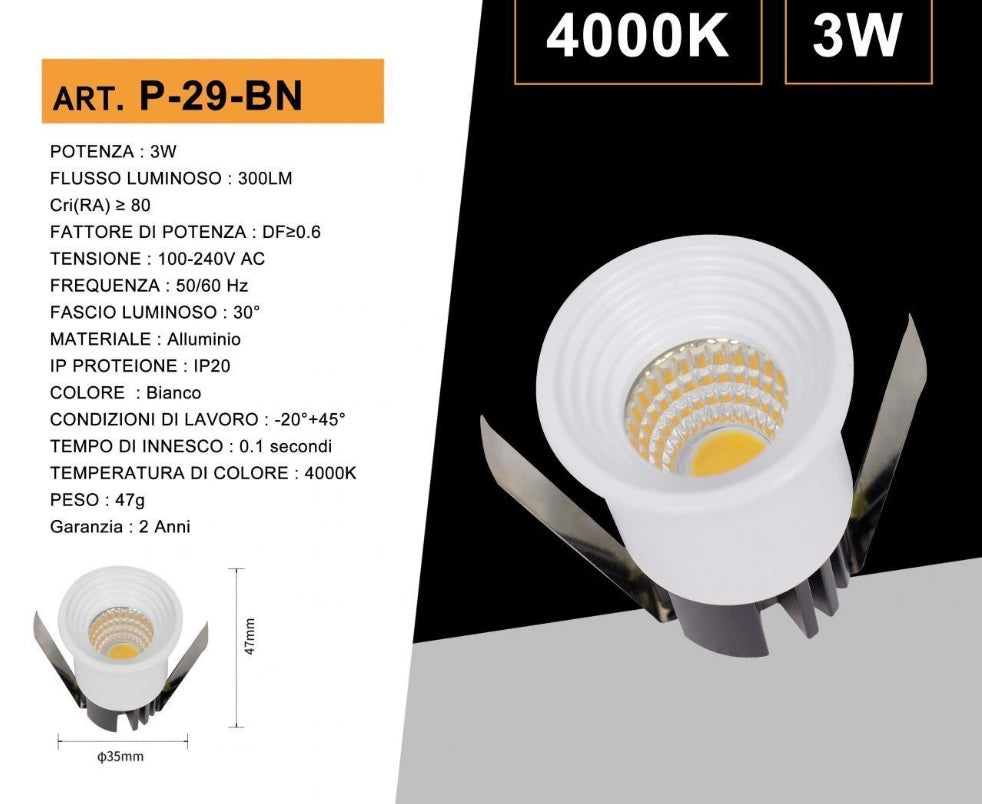 Faretti LED da Incasso 3W, Kit da 5 Pezzi, COB LED 300 lm, Foro Ø35 mm, 3000K/4000K/6500K, Fascio 30°, AC 100-240V, Corpo in Alluminio, Faretto da Soffitto per Casa, Negozi e Uffici,P-29