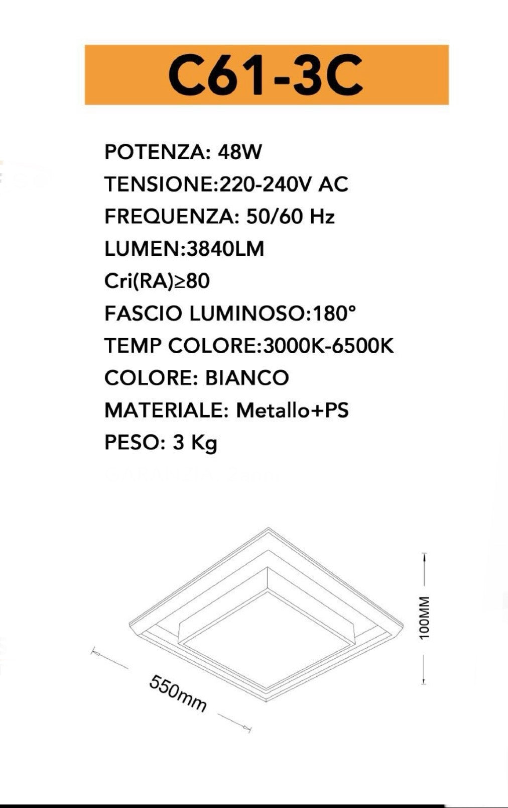 Plafoniera LED Moderna Quadrata 48W CCT 3000K-6500K, Luce Soffitto Bianco, Alta Luminosità 3840LM, Design Decorativo per Soggiorno Camera Cucina – C61-3C