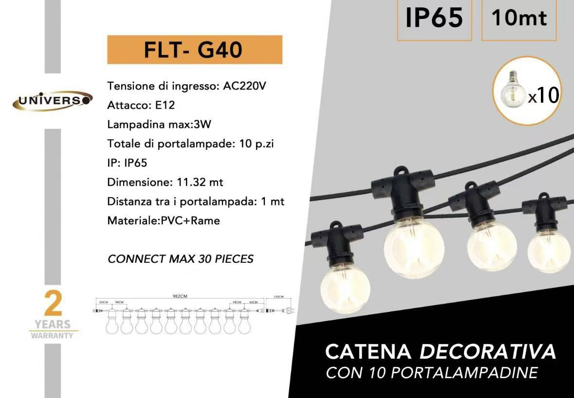 Catena Luminosa Esterna 10M, Lampadine G40 incluse, IP65 Impermeabile, Decorazione Giardino Terrazzo Balcone, Catena Luminosa E12 10 Lampade – Nero FLT-G40