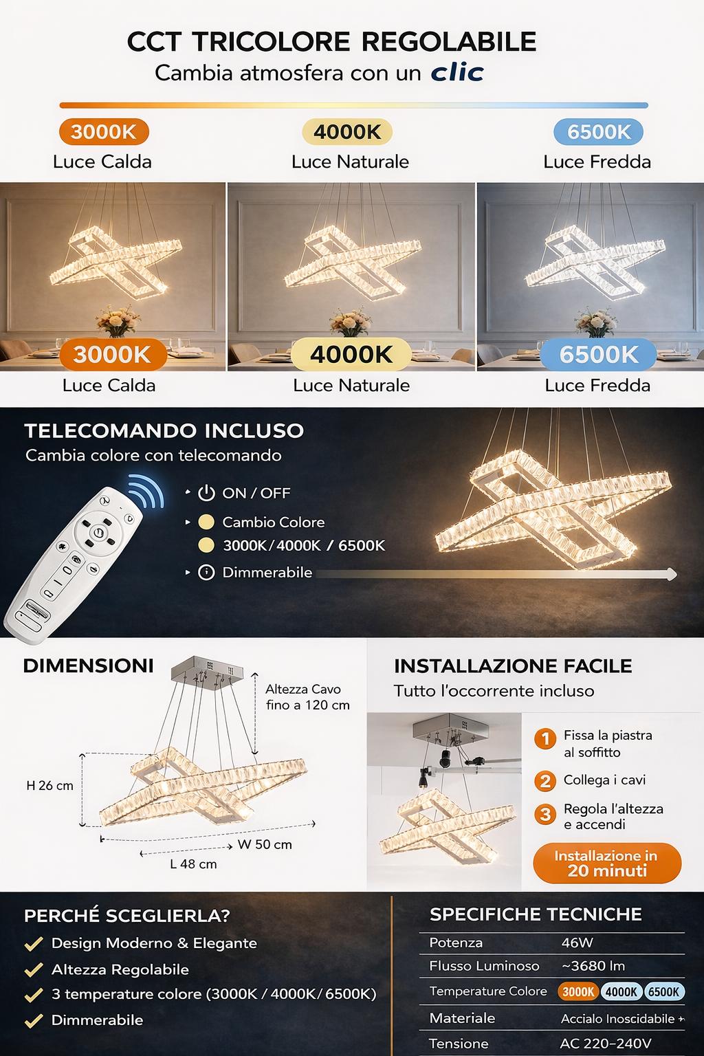 Lampadario LED Moderno a Sospensione 46W Design Geometrico con Telecomando, CCT 3000K 4000K 6500K, Lampada Elegante per Soggiorno Sala da Pranzo Cucina – B12-3C
