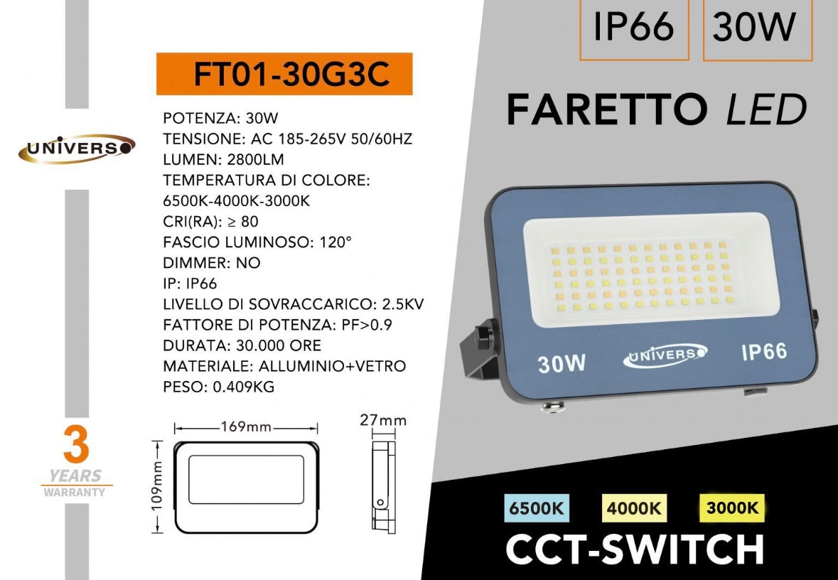 Faro LED Esterno CCT IP66 – 10W/20W/30W/50W/100W/200W – Selettore 3000K-4000K-6500K – Faretto LED da Esterno in Alluminio, Bianco o Grigio FT01