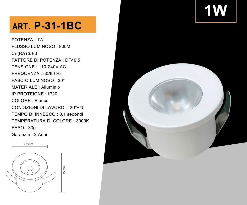 5 Pezzi,Faretti LED da Incasso 1W, Foro Ø32 mm, 80 lm, Luce 3000K/4000K/6500K o Rosso/Verde/Blu, Fascio 30°, AC 110-240V, Corpo in Alluminio, Modello P-31