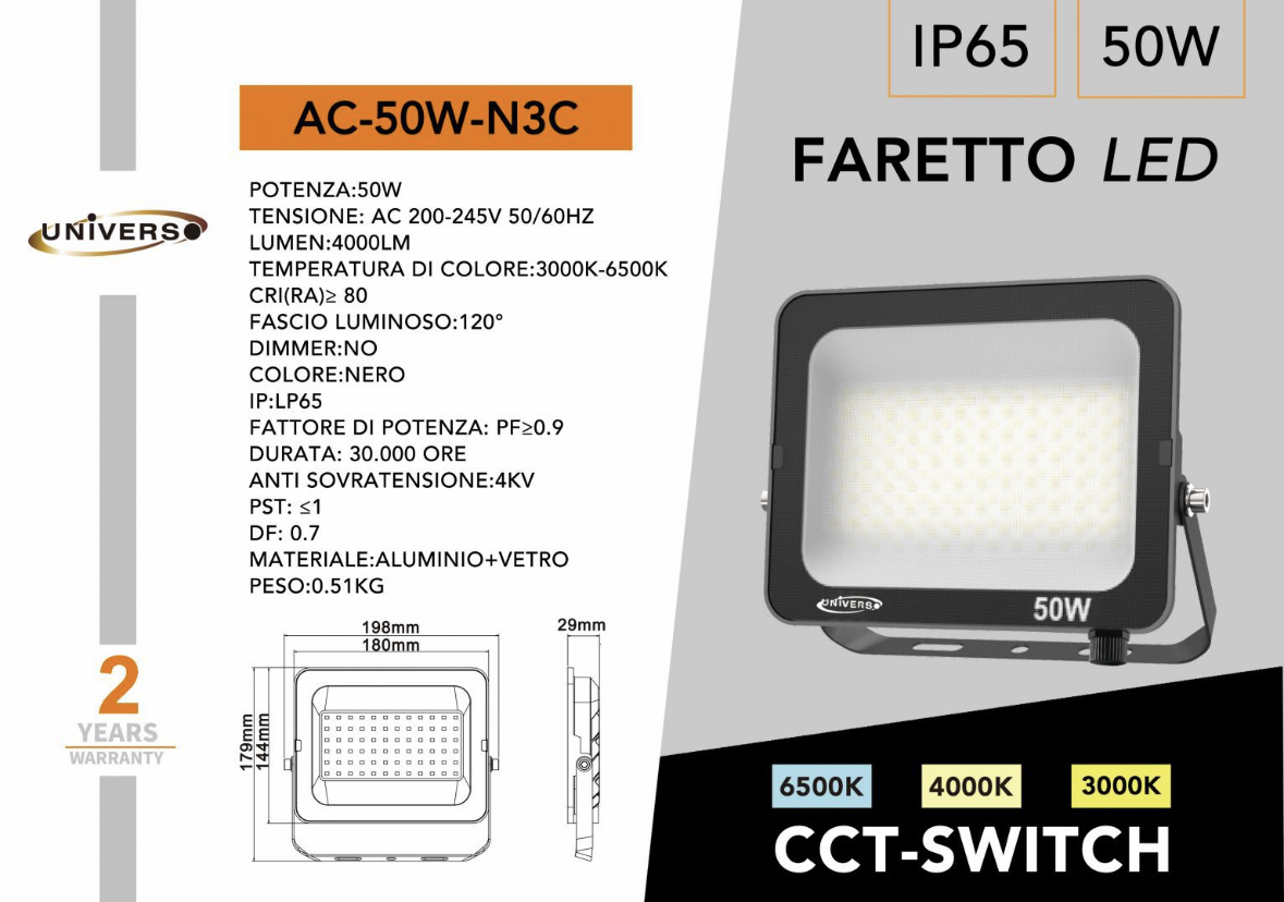 Faretto LED da Esterno IP65 – CCT Switch 3000K/4000K/6500K, 10W–50W, Faro LED Impermeabile per Giardino, Cortile, Garage- Serie AC
