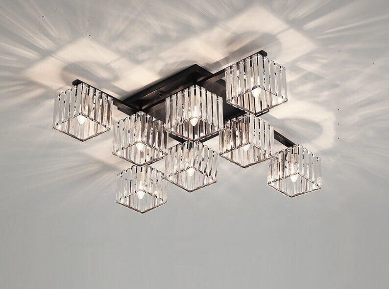 TEKHOME Lampadario da Soffitto 8 Luci E27, Stile Moderno Quadrato in Cristallo, Attacco E27 Max 60W, Struttura in Metallo Nero, Senza Lampadine, per Soggiorno Sala da Pranzo Interni C28-8
