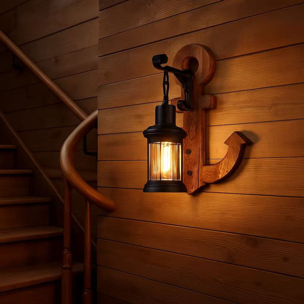 TEKHOME Applique da Muro Vintage in Legno a Forma di Ancora, Portalampada E27, Design Industriale Rustico con Vetro, Lampada da Parete Interni per Ristorante, Soggiorno e Corridoio – Modello E54
