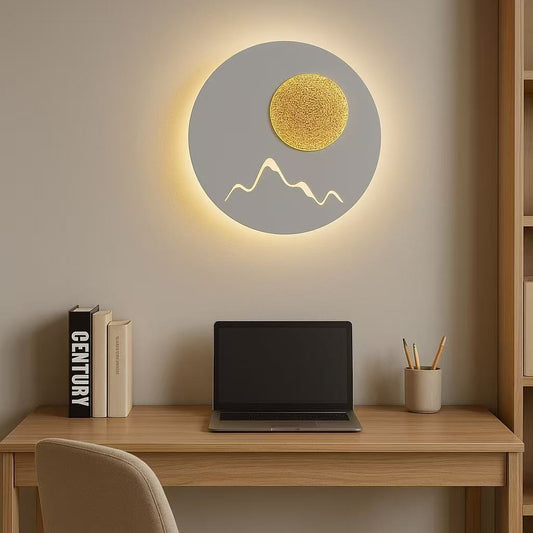 TEKHOME Applique da Muro LED 16W Design Rotondo con Motivo Montagna e Sole, 3000K-6500K, Bianco/Nero, Lampada da Parete Moderna per Camera da Letto Soggiorno Corridoio E48