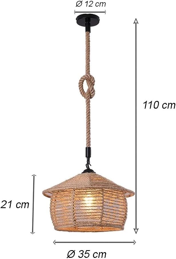 Lampadario a sospensione con paralume a cono in corda di canapa stile vintage retrò lampada attacco E27 cucina soggiorno A54