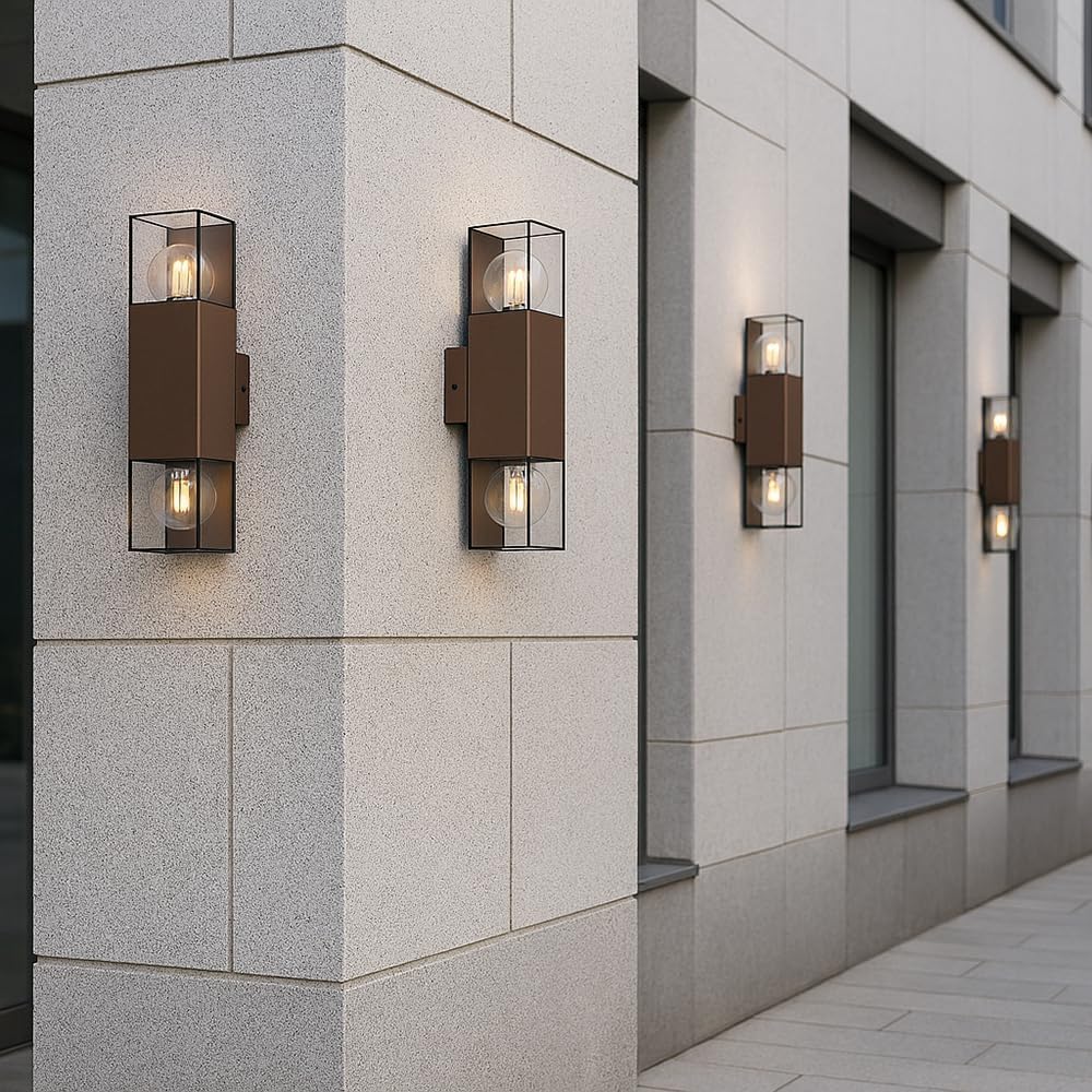 Applique da Esterno IP44 con Attacco E27, Lampada da Parete in Alluminio e Acrilico, 2xE27 12W, Design Moderno Doppia Luce Su e Giù, per Facciata, Giardino e Balcone – Colore Ruggine ESM-01C