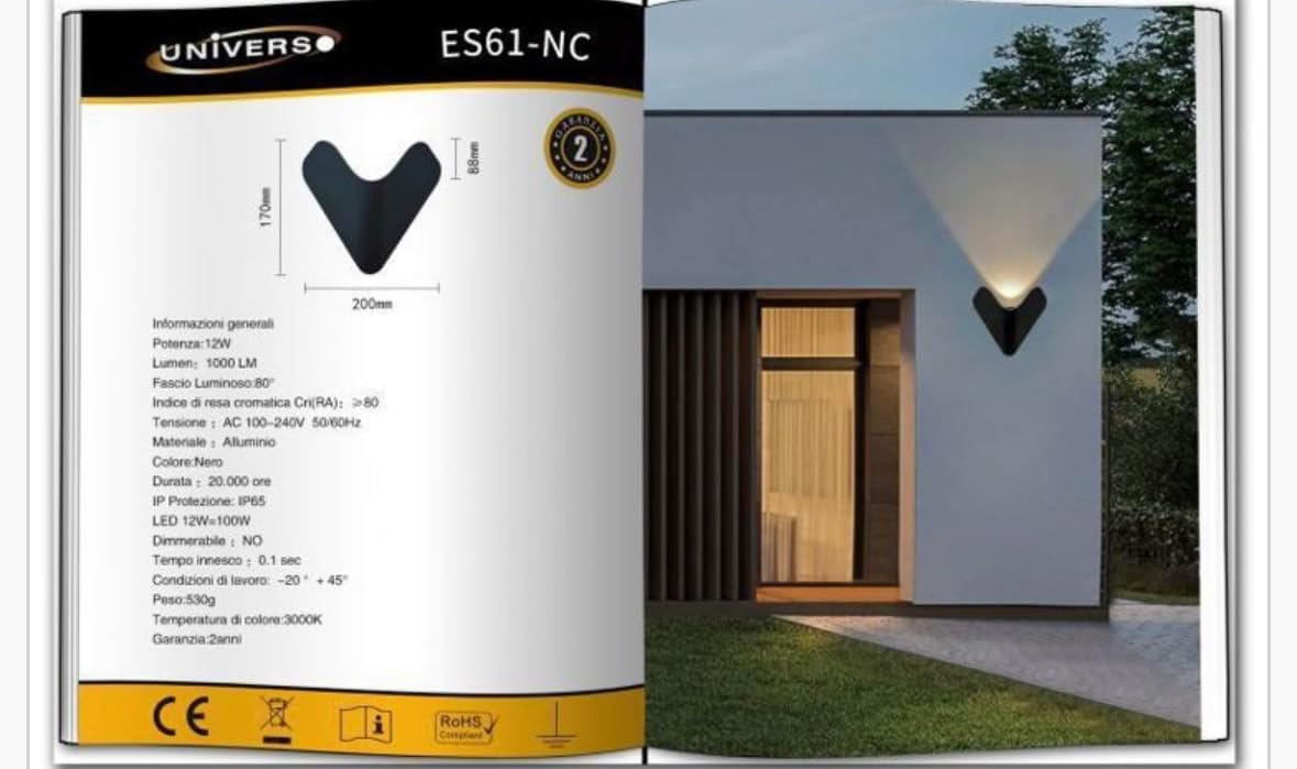 Applique da Esterno LED 12W IP65 – Lampada da Parete Impermeabile in Alluminio, Luce Decorativa su e giù, Design Moderno a Forma di V, per Facciata, Balcone e Giardino ES61