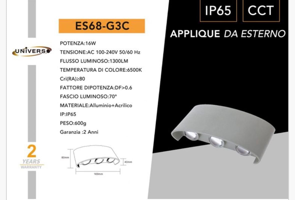 Applique da Esterno LED 16W IP65 – Lampada da Parete Moderna con 3 Colori Selezionabili (3000K/4000K/6500K), Alluminio + Acrilico, Nero/Grigio/Bianco, 1300 Lumen ES68