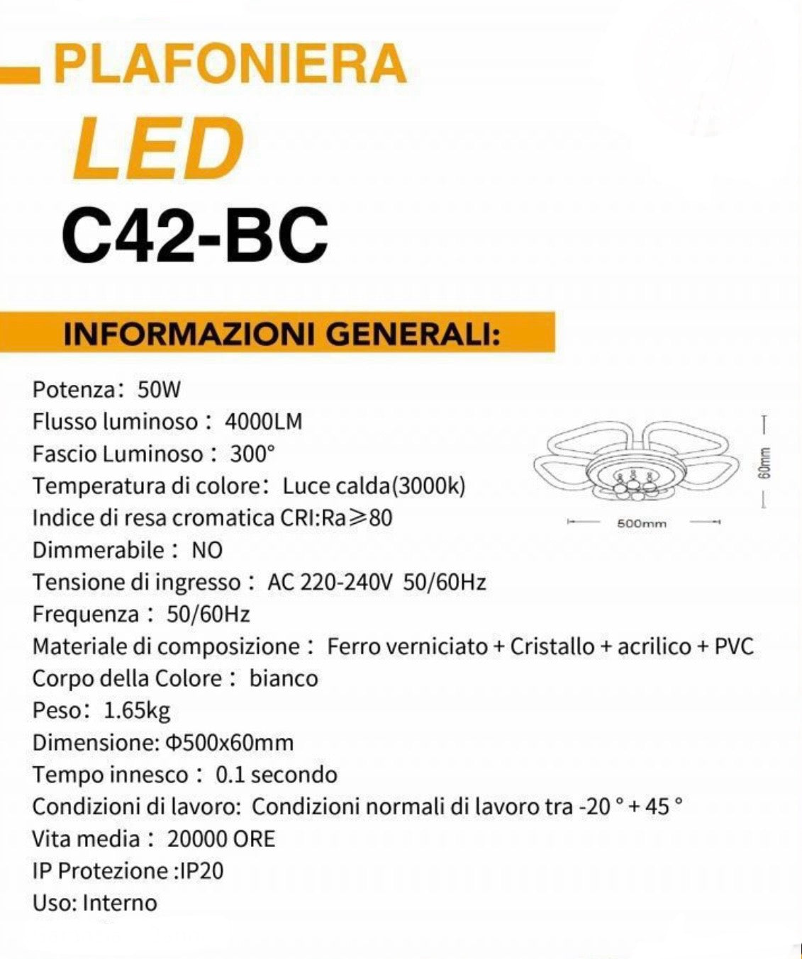 EKHOME Plafoniera led 50 watt a forma di fiore con pendenti in acrilico lampadario da soffitto lampada moderna bianca a luce fredda 6500k calda 3000k naturale 4000k C42