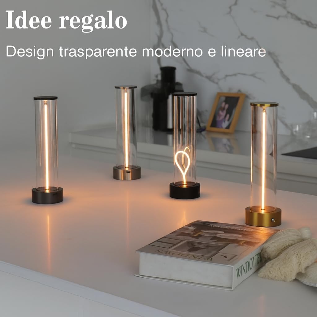 Lampada da Tavolo LED Ricaricabile 3W – Lume Senza Fili 2200K Luce Calda, Touch Control, USB, Design Moderno in Alluminio e Acrilico – Uso Interno D39