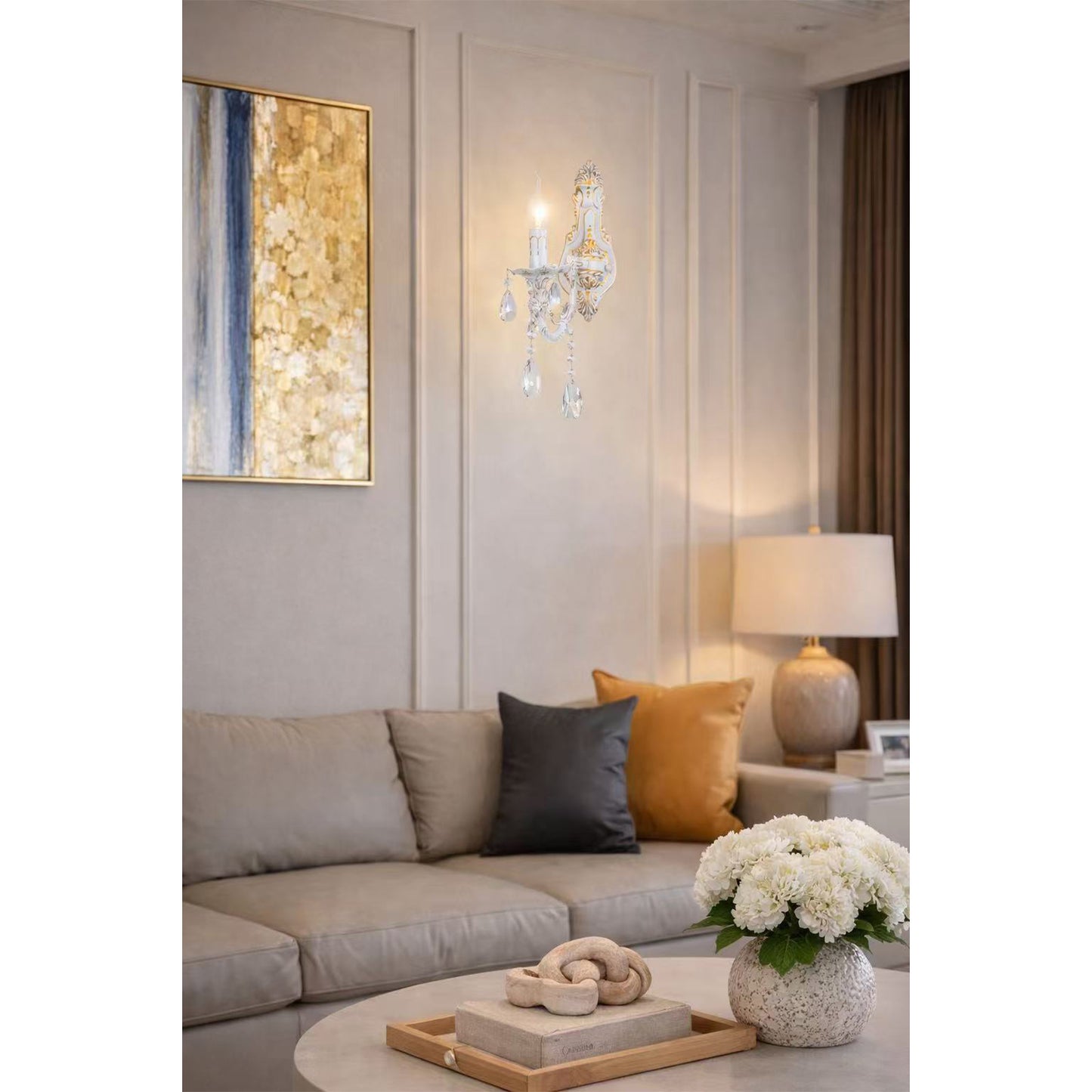 Applique da Parete Classica in Cristallo E14, Lampada da Muro Elegante con Pendenti in Vetro per Camera da Letto e Soggiorno, Stile Classico Europeo – E01-1