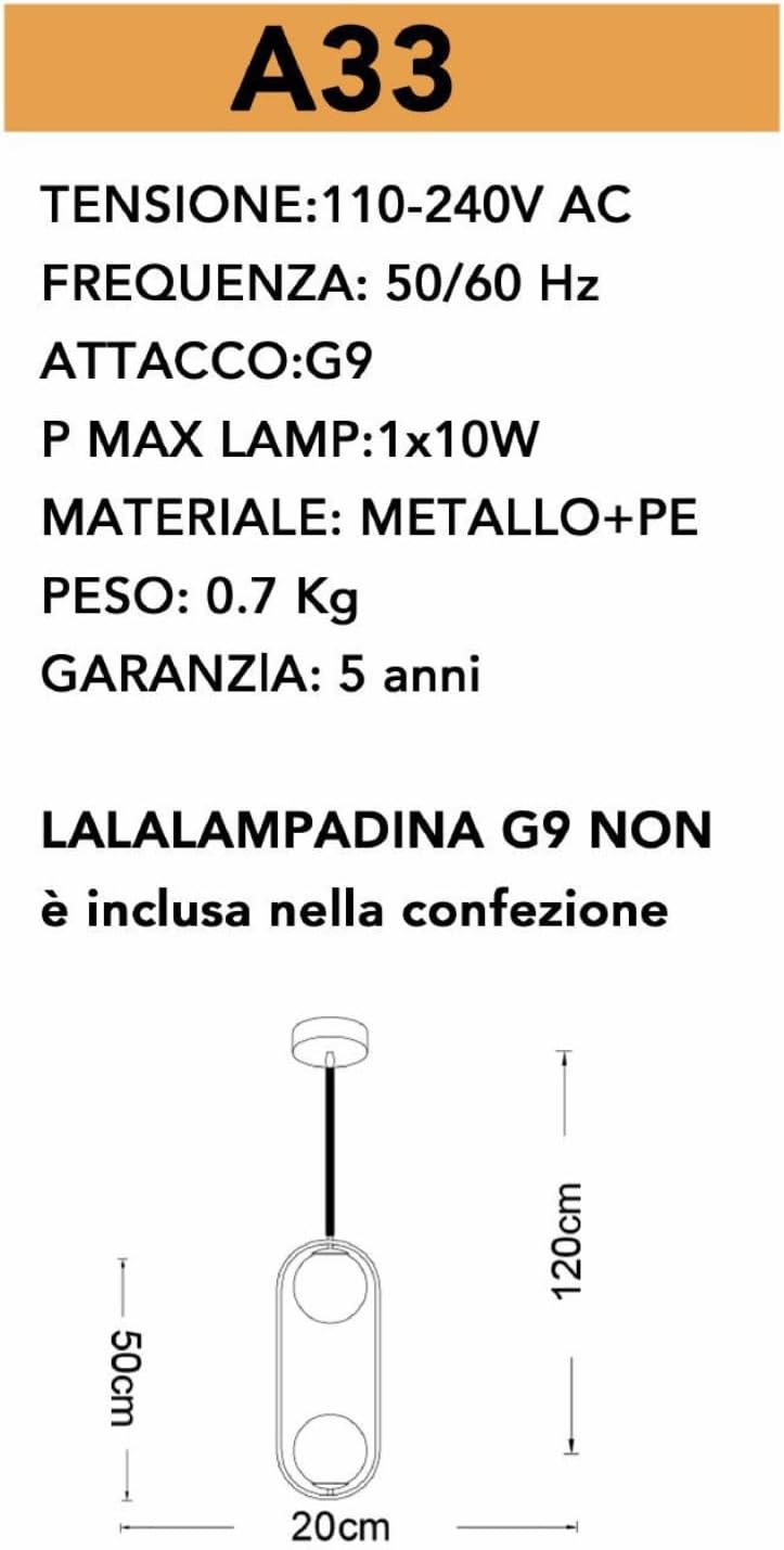 Lampadario Moderno con Attacco G9 - Sospensione Elegante per Interni - Design Minimalista - Ideale per Cucina, Sala da Pranzo, Camera A33