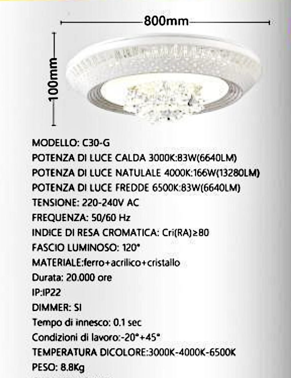 Lampadario LED con Cristalli Dimmerabile con Telecomando 3000K-4000K-6500K, Plafoniera Moderna per Camera da Letto Soggiorno – 3 Misure Disponibili (S/M/G) C30