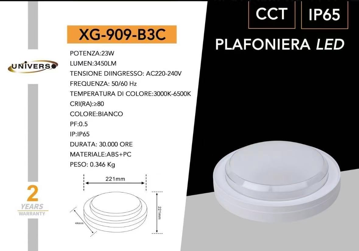 Plafoniera LED 23W IP65 CCT 3000K-4000K-6500K, Lampada LED da Soffitto Rotonda Impermeabile 3450LM in ABS+PC, per Bagno, Corridoio, Garage e Esterno – Bianco/Nero  XG-909