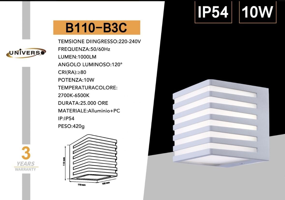 Applique da Esterno LED 10W IP54, Lampada da Parete Moderna in Alluminio e PC 1000LM, Bianco o Nero, Regolabile, per Facciate, Giardini e Balconi B110