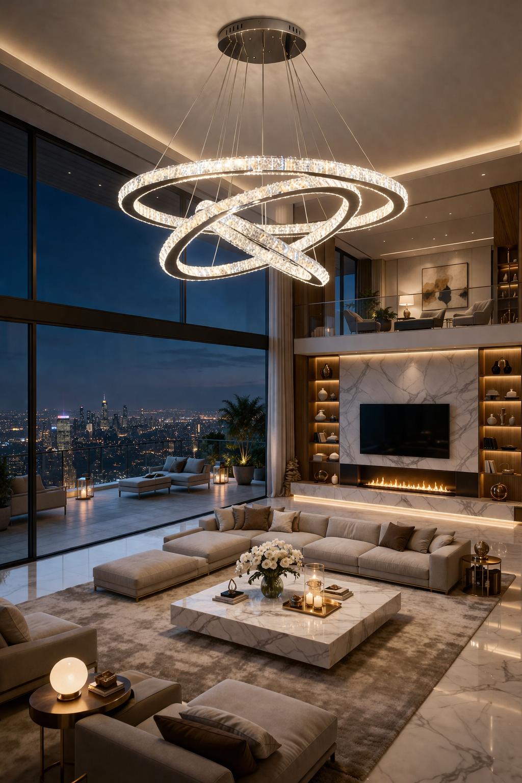 Lampadario LED Moderno a Sospensione 54W con 3 Anelli Cristallo, Telecomando, CCT 3000K 4000K 6500K, Lampada Design per Soggiorno Sala da Pranzo – A63-3C