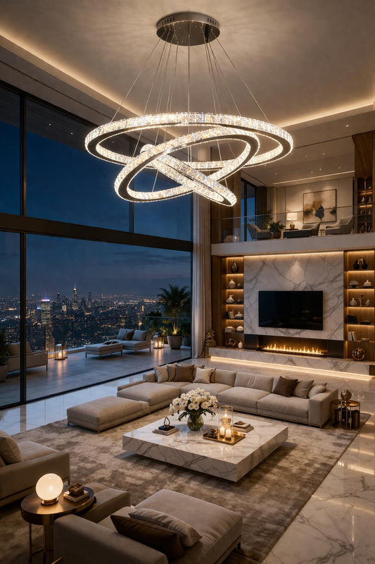 Lampadario LED Moderno a Sospensione 54W con 3 Anelli Cristallo, Telecomando, CCT 3000K 4000K 6500K, Lampada Design per Soggiorno Sala da Pranzo – A63-3C