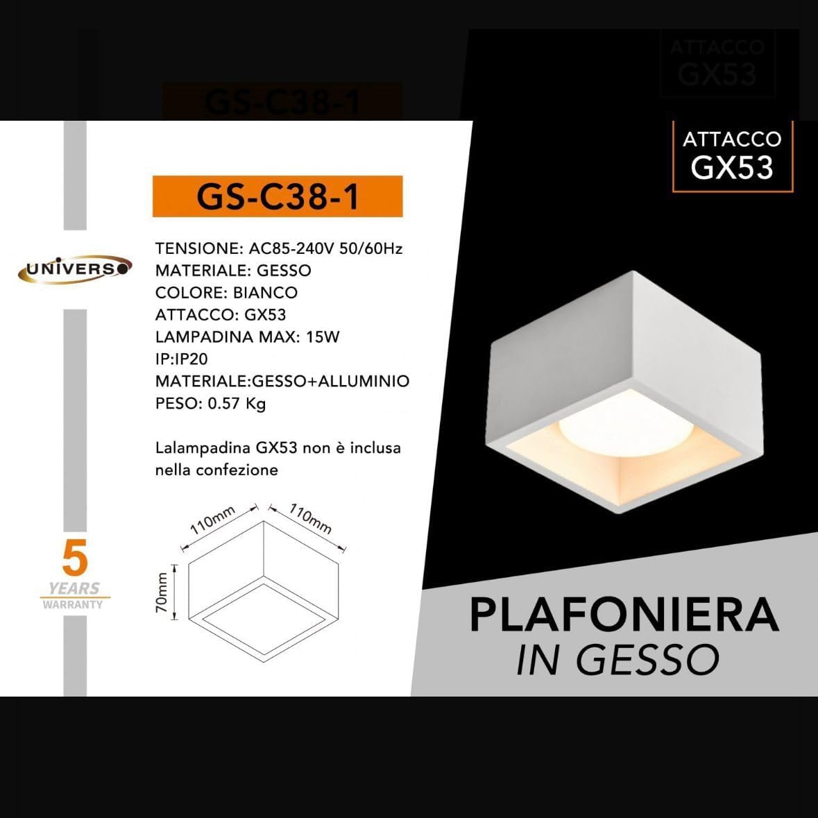 Plafoniera in Gesso da Soffitto Quadrata, Attacco GX53, Max 15W, Verniciabile, IP20 – Bianco – GS-C38-1