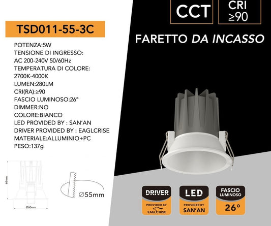 Faretto LED da Incasso COB 5W CCT, Selezione Luce 2700K/4000K/6000K, CRI≥90, Fascio 26°, Foro Ø55 mm, Mini Downlight Rotondo per Controsoffitti, Driver EAGLERISE, LED SAN’AN, TSD011-55-3C