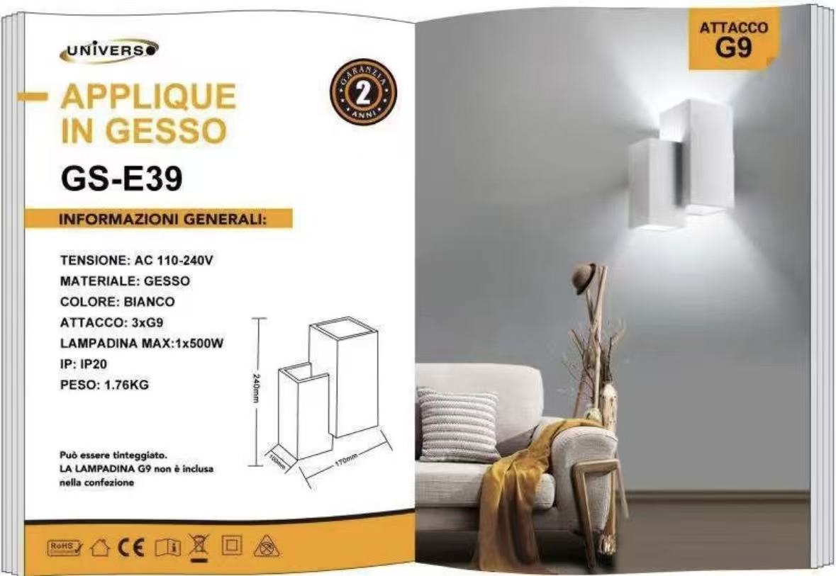 TEKHONE Applique da Parete in Gesso Bianco – Lampada da Muro Moderna Verniciabile, Attacco G9, Illuminazione Up & Down per Interni – GS-E39