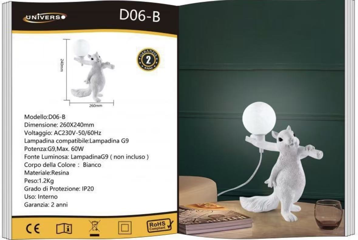 Lampada da Tavolo Decorativa a Scoiattolo – Attacco G9 Max 60W, Design Moderno in Resina Bianca, Lampada da Comodino per Camera, Soggiorno, Interni D06-B