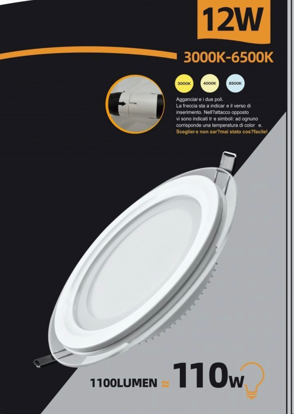Faretto LED da Incasso Rotondo 12W 1100LM, 3 Colori Selezionabili 3000K 4000K 6500K, Pannello LED da Soffitto, Diametro 160 mm, Foro 125 mm, Fascio 120°, CRI≥80, 1 Pezzo, P-125E-T3C