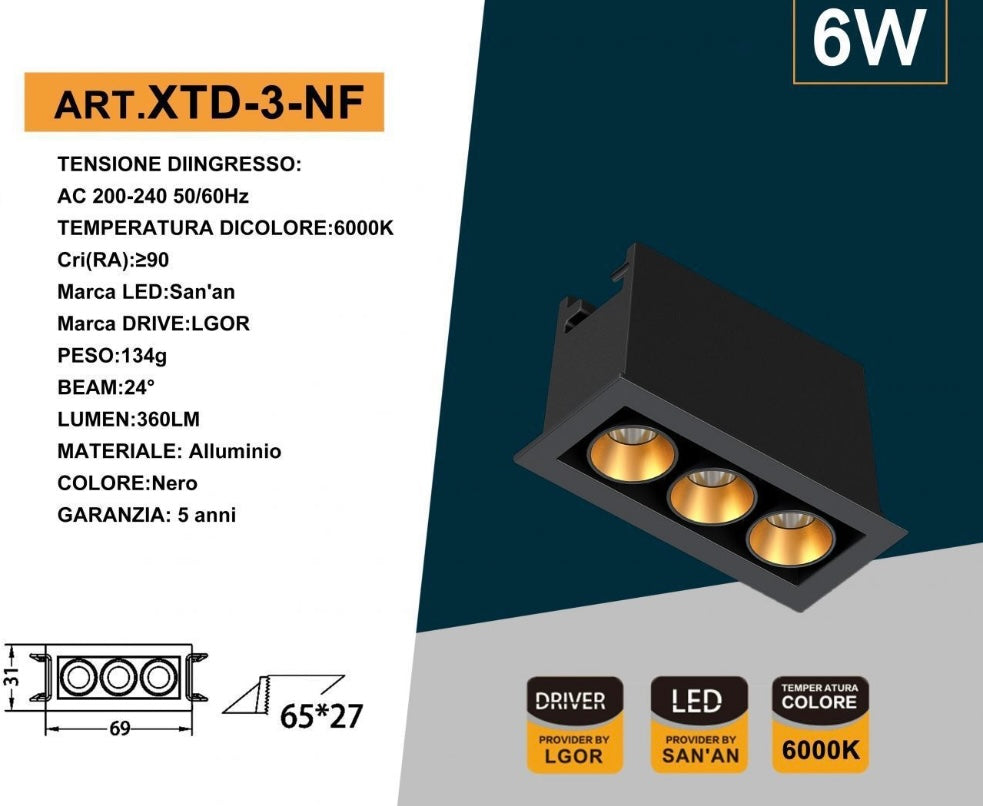 Faretto LED da Incasso Rettangolare Nero 6W, 3 Spot, CRI ≥90, Fascio 24°, Alluminio, Faretti da Incasso per Cartongesso e Controsoffitto, 3000K/4000K/6500K, 1 Pezzo, XTD-3-N