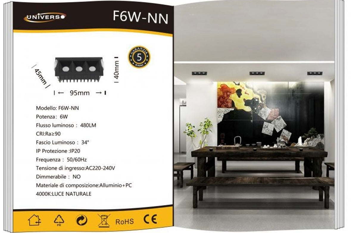 Faretto LED da Incasso Rettangolare 6W, 480LM, CRI ≥90, 3 Spot LED, 3000K/4000K/6500K, Fascio 34°, AC 220-240V, Alluminio + PC, per Cartongesso e Controsoffitto, 1 Pezzo, F6W
