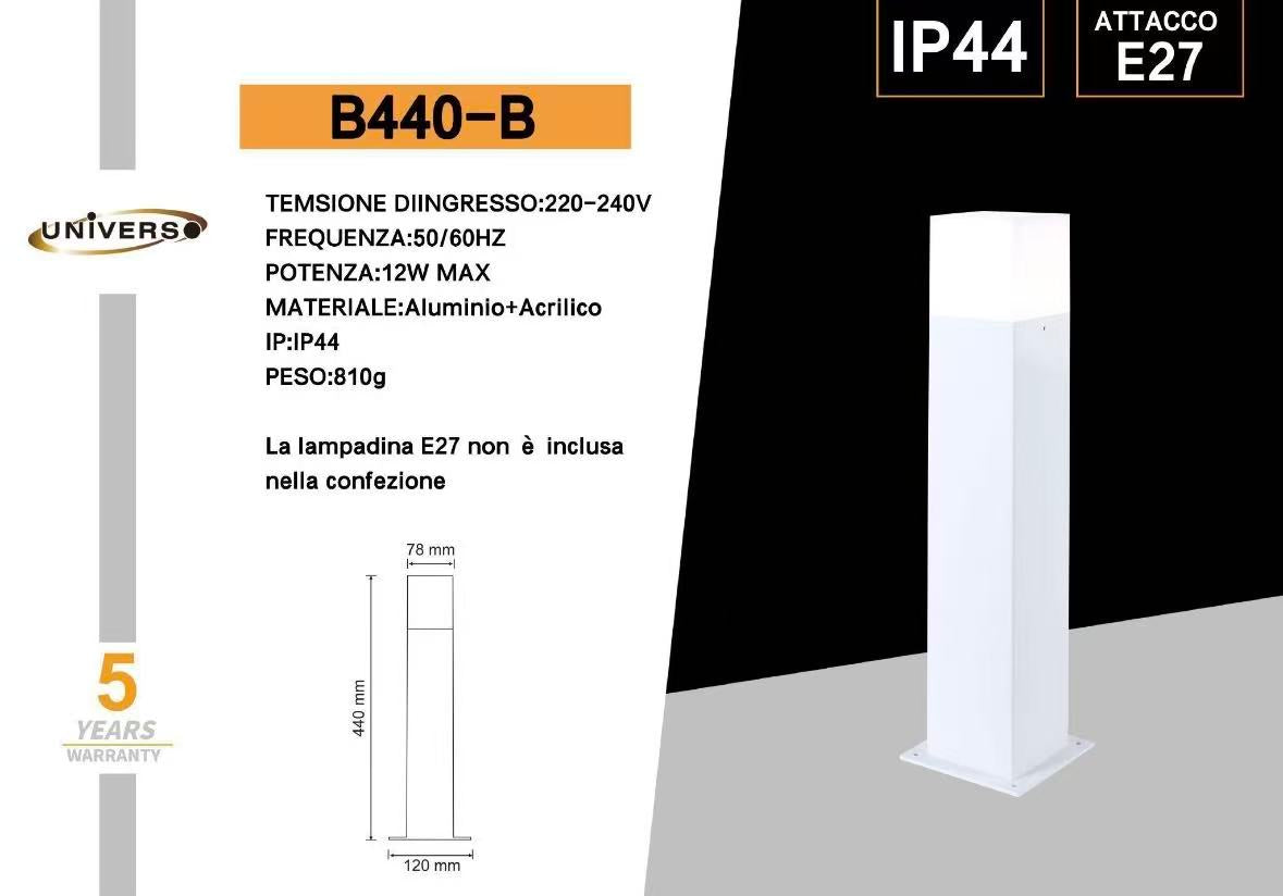 Lampione da Giardino Esterno IP44 con Attacco E27, Palo Luce da Esterno in Alluminio, Colonna Luminosa per Giardino, Vialetto, Terrazza – 440mm-B440