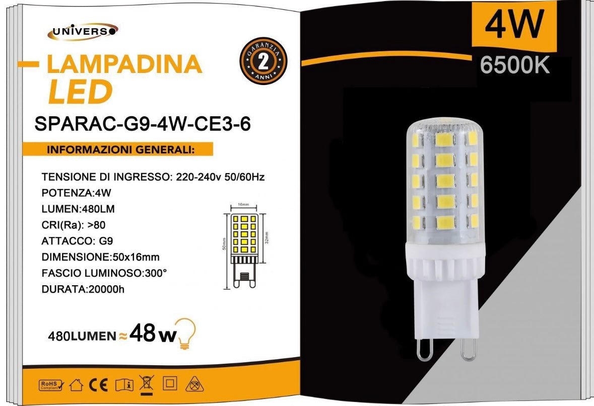Lampadine LED G9 4W 480LM 10 Pezzi 220-240V SPARAC-G9-4W-CE3