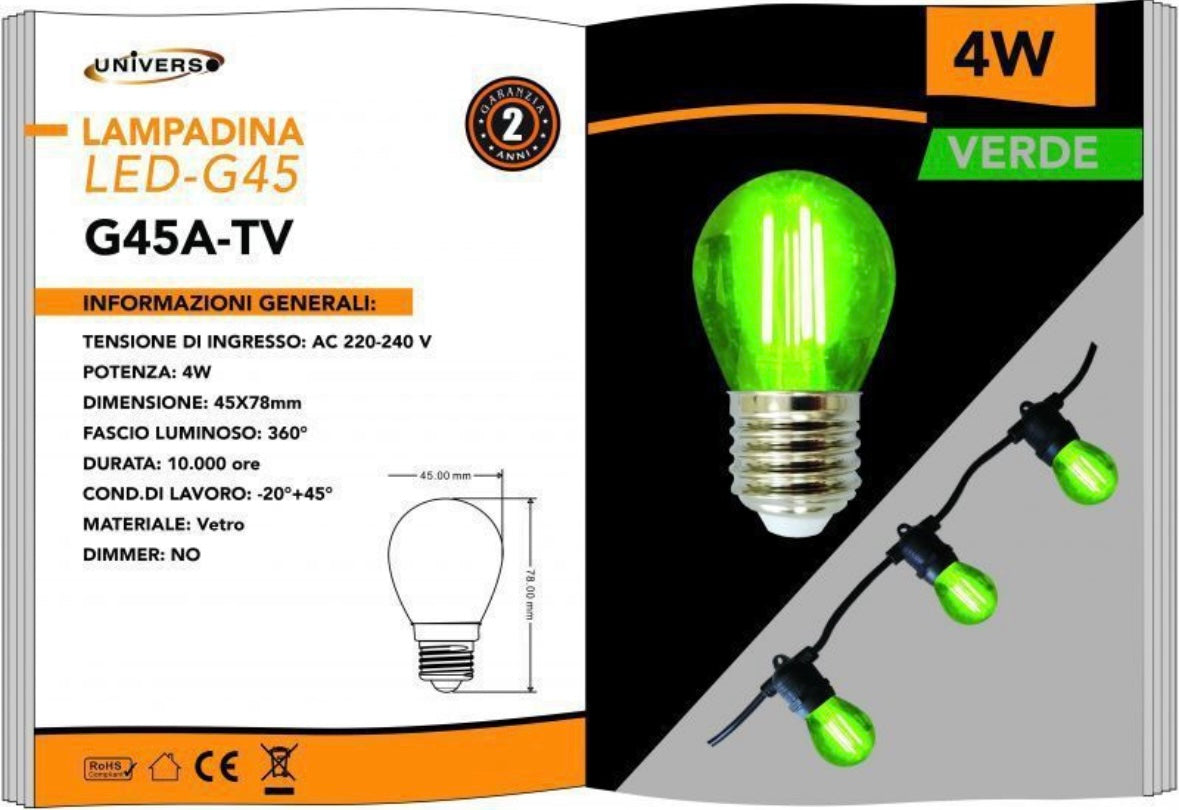 Lampadine LED E27 G45 4W, Confezione da 5 Pezzi, 440LM, 3000K/4000K/6500K e Colori Rosso Verde Blu, Lampadine Decorative in Vetro Trasparente, Luce a 360°, Basso Consumo, Modello G45A-T