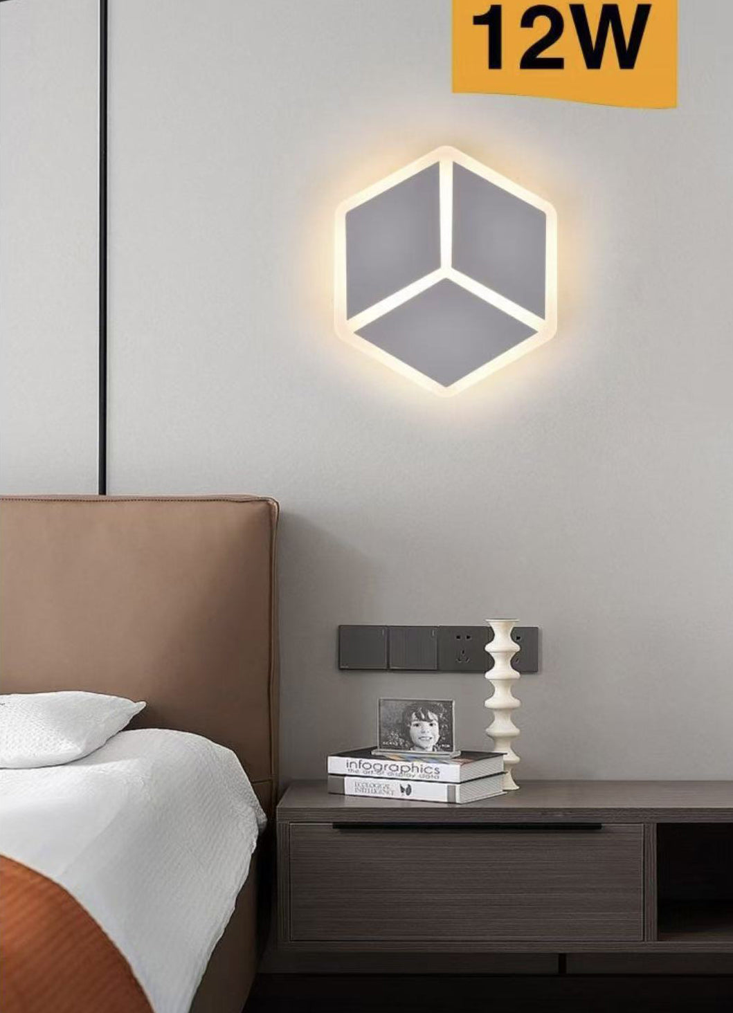 TEKHOME Applique da Parete LED 12W Forma Cubo Geometrico Bianco, Lampada da Muro Moderna 3000K-6500K CCT, Illuminazione Decorativa Interna Camera da Letto e Soggiorno AQ11-3C