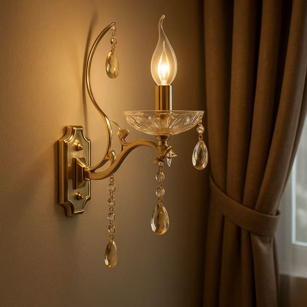 TEKHOME Applique da Parete in Cristallo Stile Candelabro Oro E68-1, Portalampada E14, Lampada da Muro Classica con Decorazioni in Vetro per Soggiorno, Camera da Letto e Corridoio E68-1