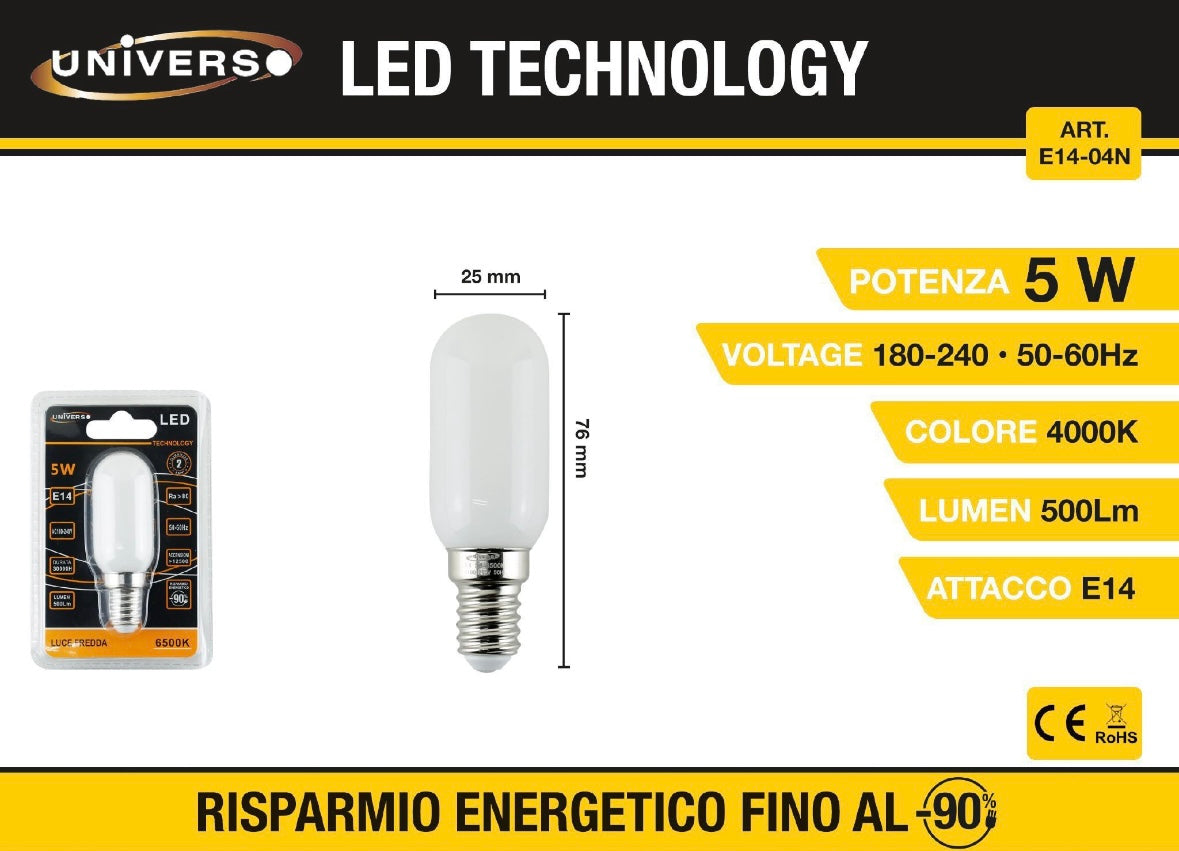 Lampadine LED E14 5W 500LM, 10 Pezzi, 4000K Luce Naturale, Tubolari Ø25x76mm, 180-240V 50/60Hz, E14-04