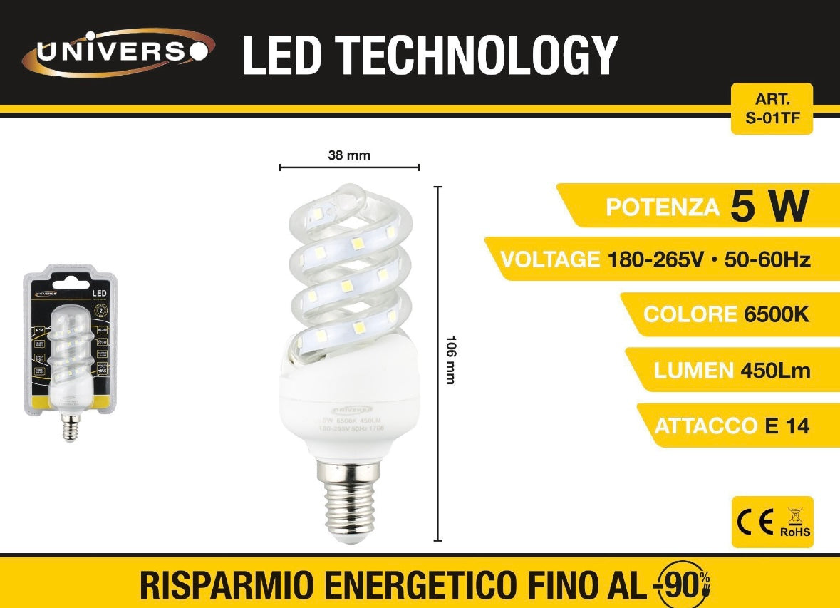 Lampadine LED E14 5W, Confezione da 6 Pezzi, 450LM, 6500K Luce Fredda, Lampadina LED Spirale, Basso Consumo Energetico, CRI>80, Non Dimmerabile, Attacco E14, Modello S-01TF