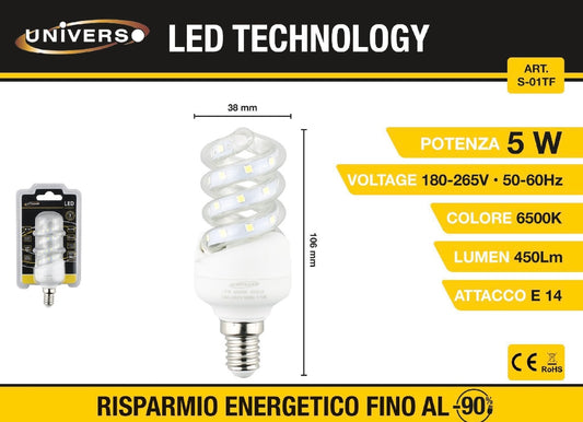 Lampadine LED E14 5W, Confezione da 6 Pezzi, 450LM, 6500K Luce Fredda, Lampadina LED Spirale, Basso Consumo Energetico, CRI>80, Non Dimmerabile, Attacco E14, Modello S-01TF