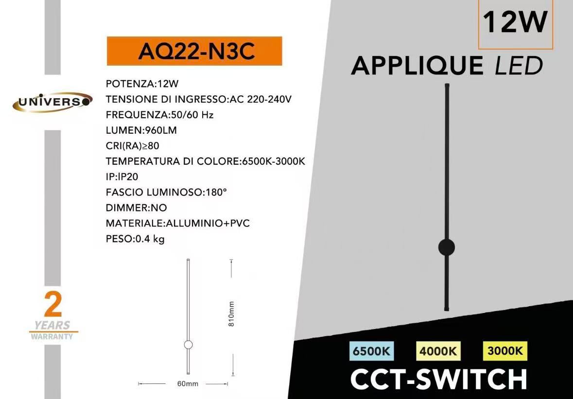 Applique LED 12W CCT 3000K-4000K-6500K, Lampada da Parete Moderna Interno, Luce Calda Naturale Fredda, IP20, Nero/Bianco AQ22