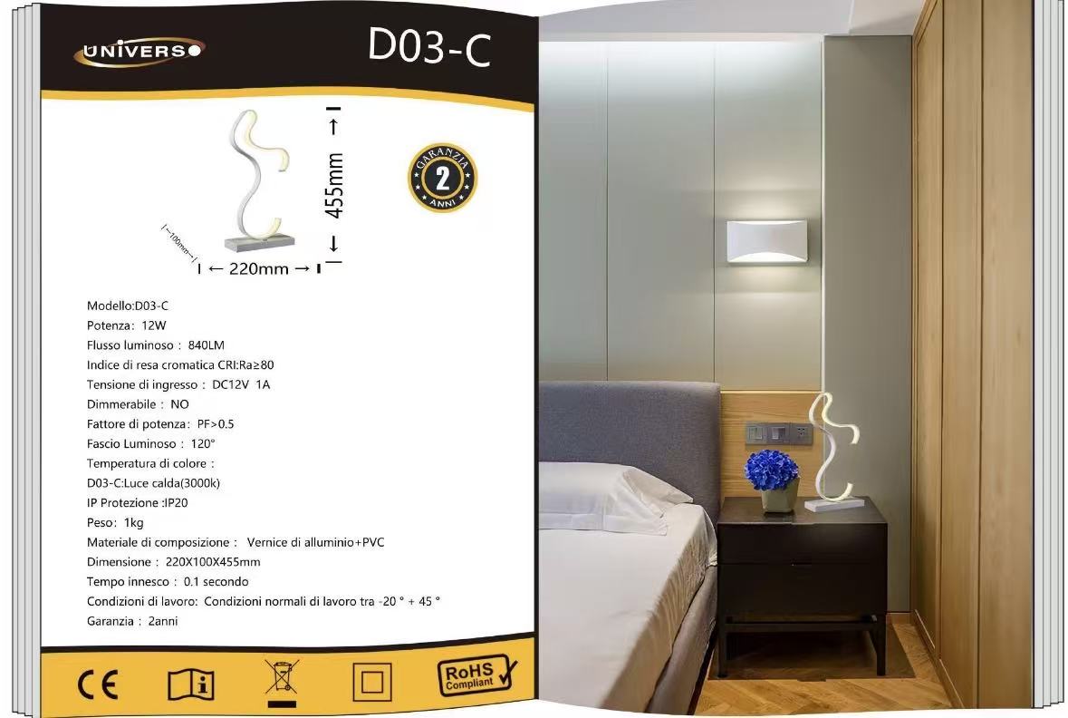 Lampada da Tavolo LED Moderna – 12W, Design Artistico a S, CRI≥80, 3000K / 4000K / 6500K, Lampada da Comodino e Scrivania, Interno IP20- D03