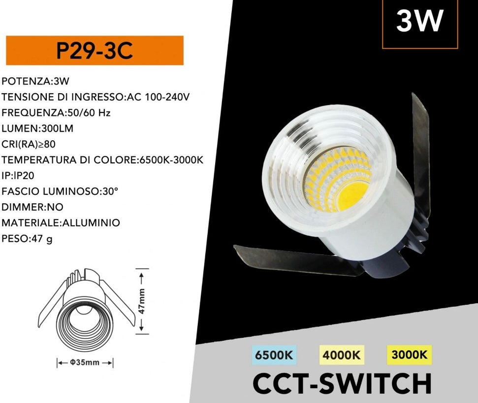 5 Pezzi Mini Faretto LED da Incasso 3W CCT Switch 3000K/4000K/6500K, Foro Ø35 mm, 300 lm, CRI≥80, Fascio 30°, Faretto Rotondo da Soffitto in Alluminio per Cartongesso, Bianco/Argento, P29