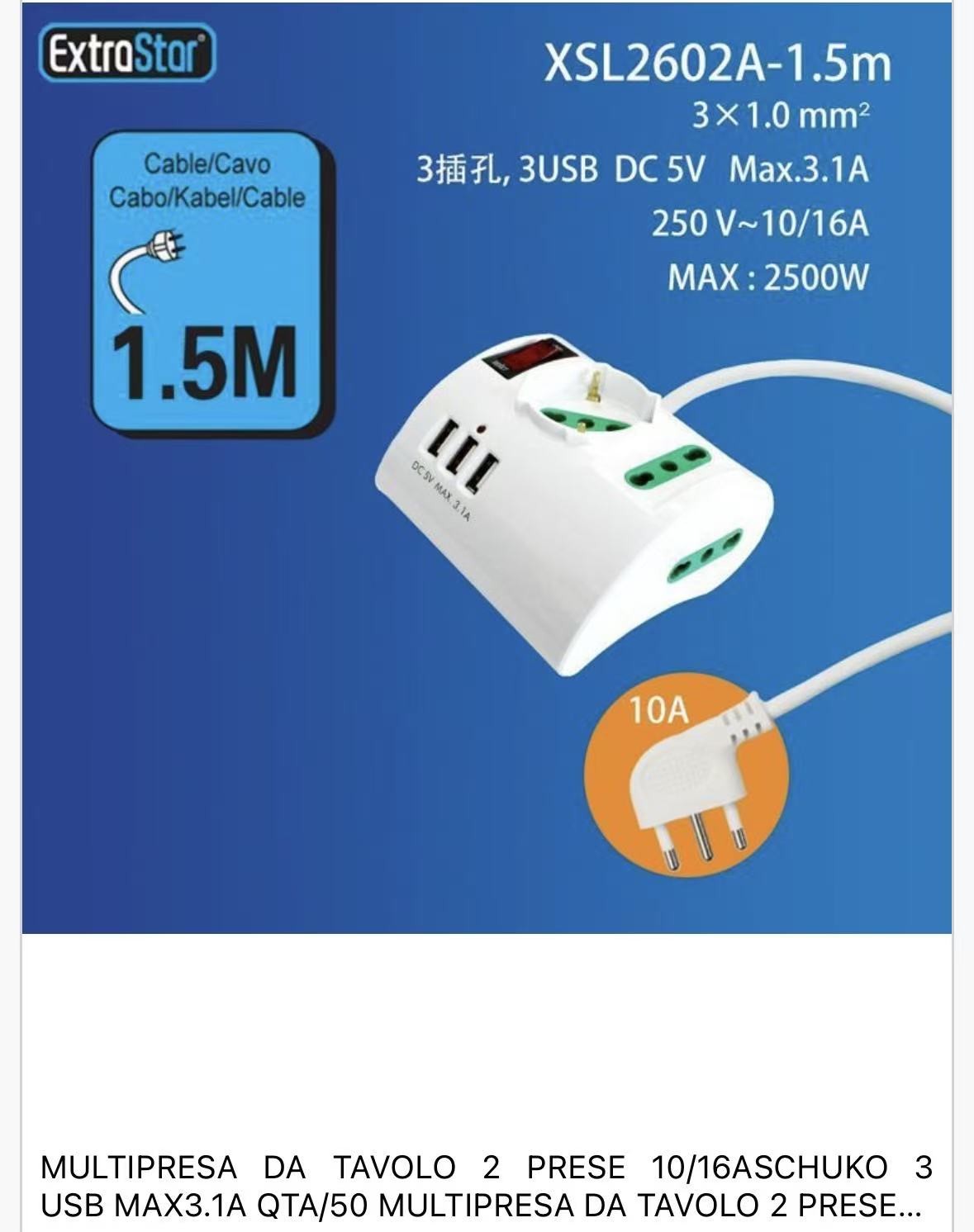 Multipresa da Tavolo con USB, 2 Prese Schuko 10/16A + 3 Porte USB 5V 3.1A, Cavo 1,5 m, Interruttore di Sicurezza, Bianca – XSL2602A